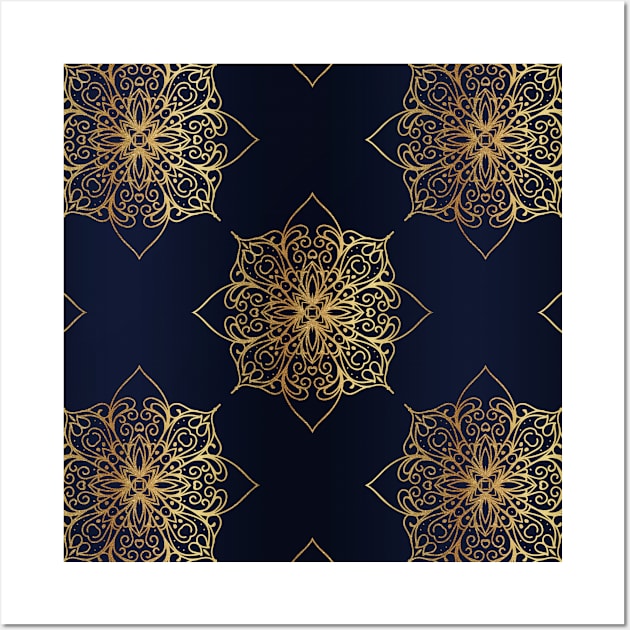 Navy & Gold Damask Pattern Wall Art by tanyadraws